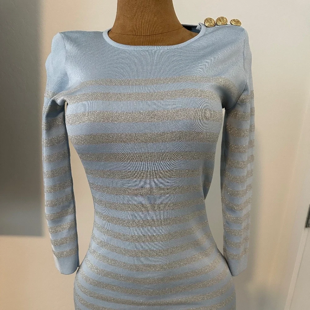 Balmain Baby Blue Rib Knit Mini Dress - Picture 1 of 6